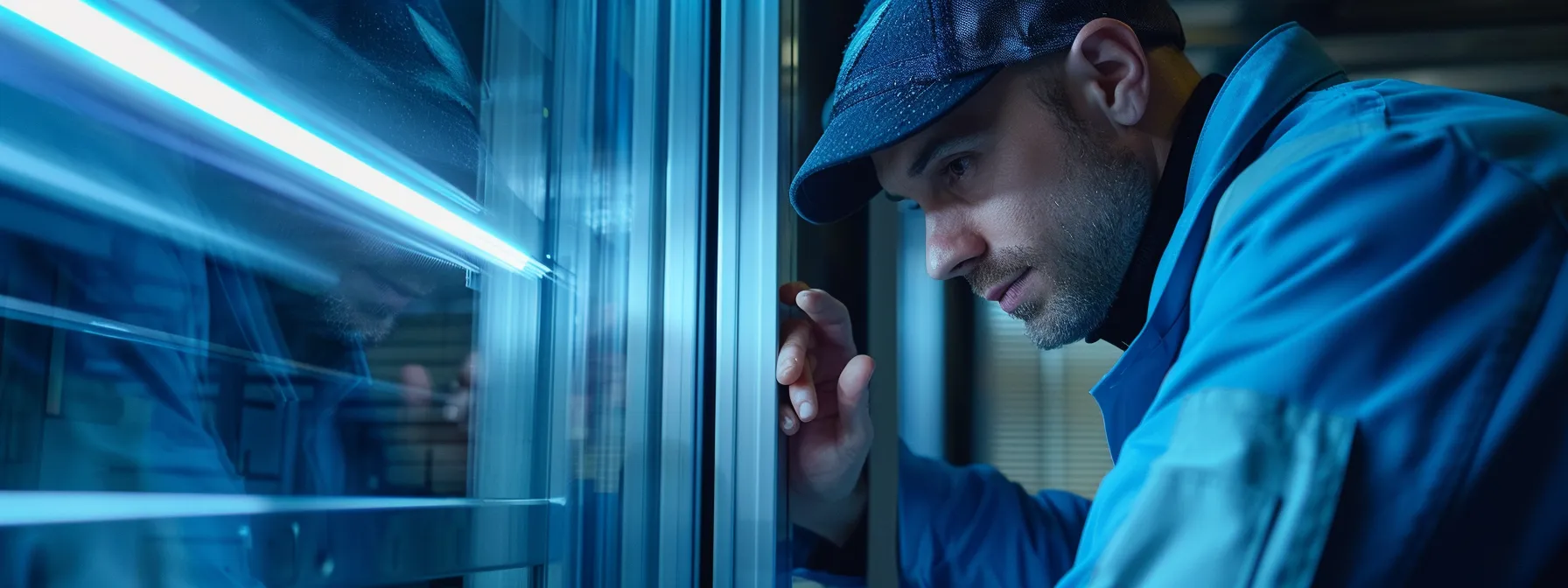 a skilled technician carefully examining a sliding door track for any signs of damage.