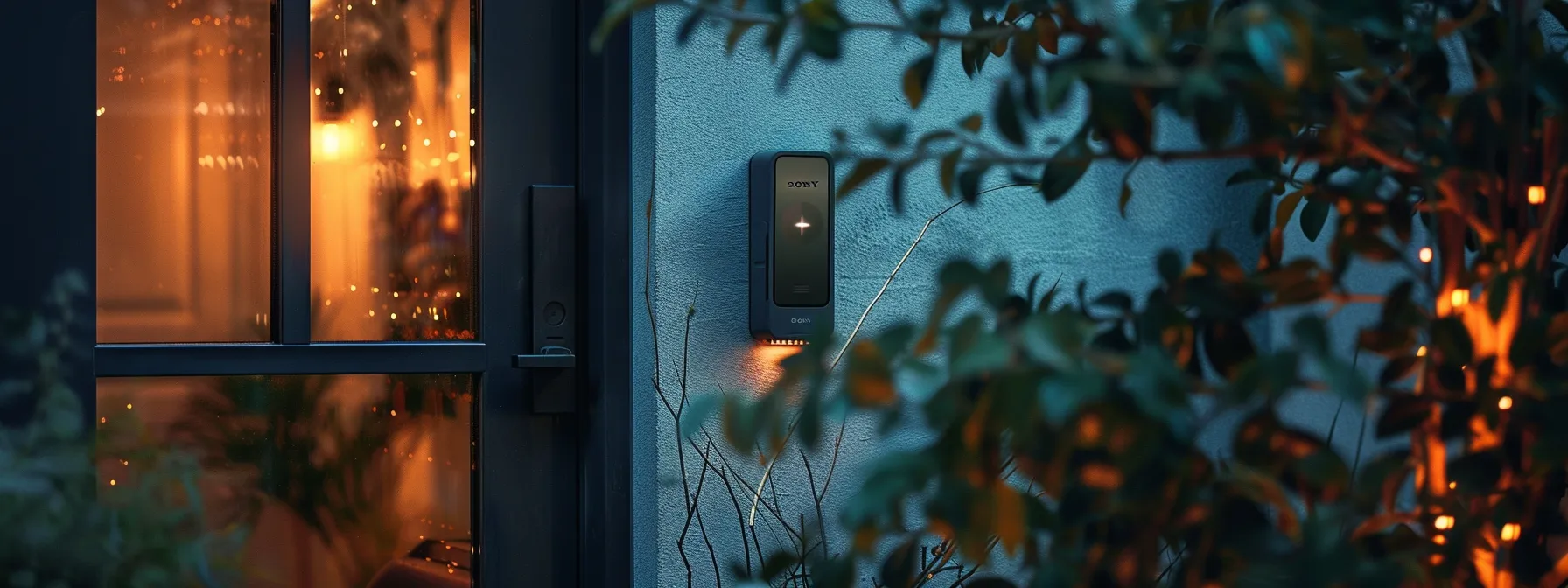 a sleek, modern smart lock system being installed on a sliding door, with motion sensors and alarms ready to be set up for enhanced home security.