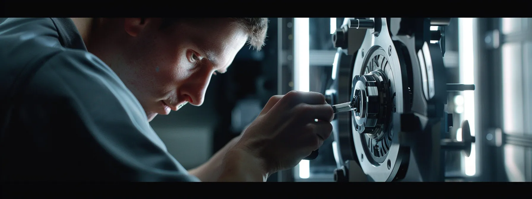 a close-up photo of a locksmith repairing a sleek modern sliding door lock with precision tools.