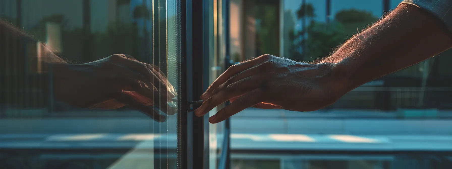 a pair of skilled hands carefully adjusting the alignment of a sleek, modern sliding glass door.